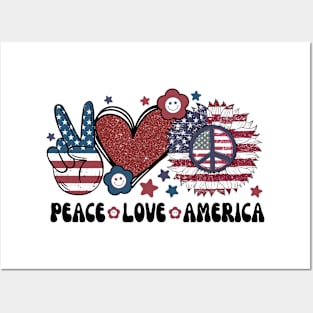 Peace Love America US Flag Groovy Freedom Day 4th Of July Posters and Art